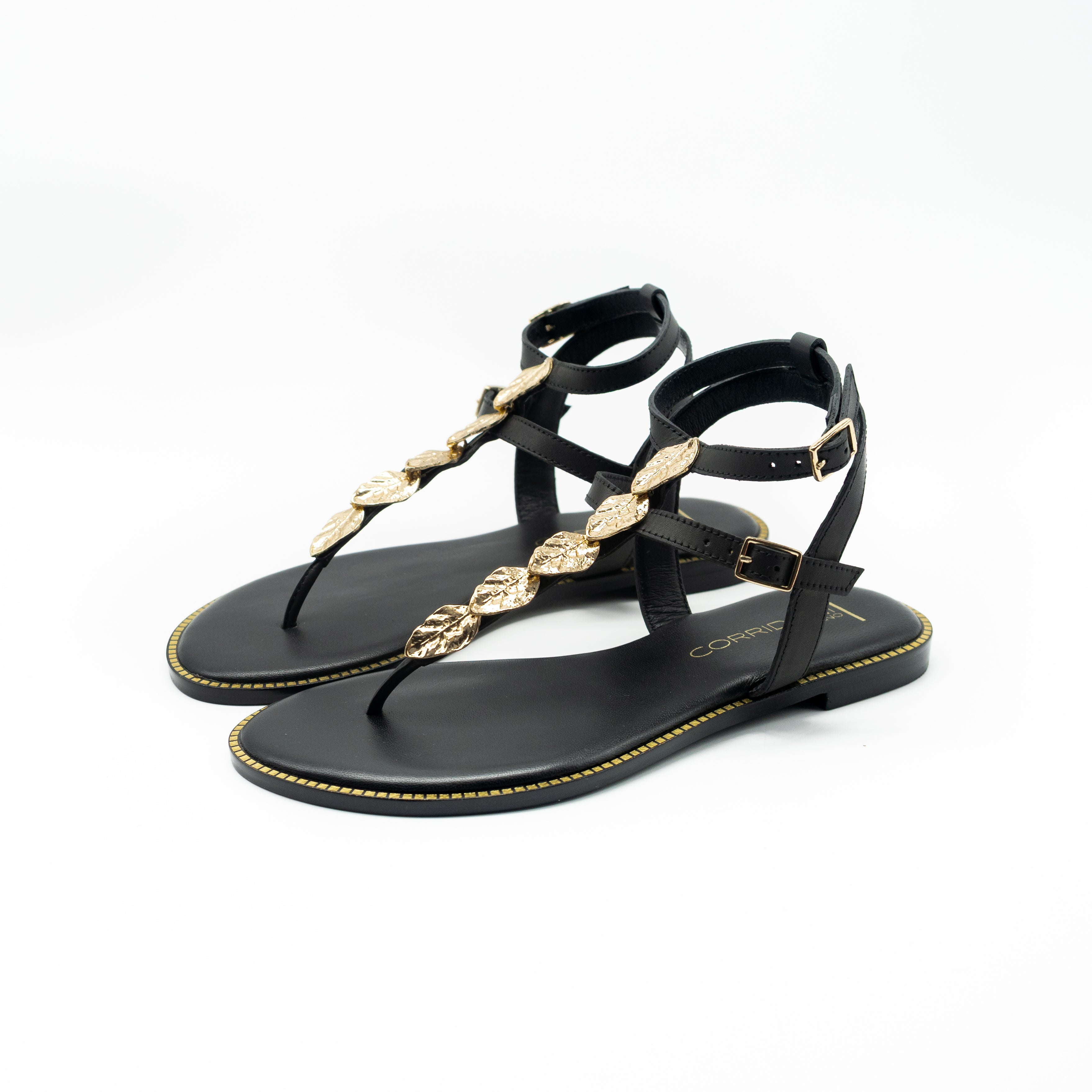 CORRIDONI MILANO - SANDALO BLACK INFRADITO FOGLIE GOLD