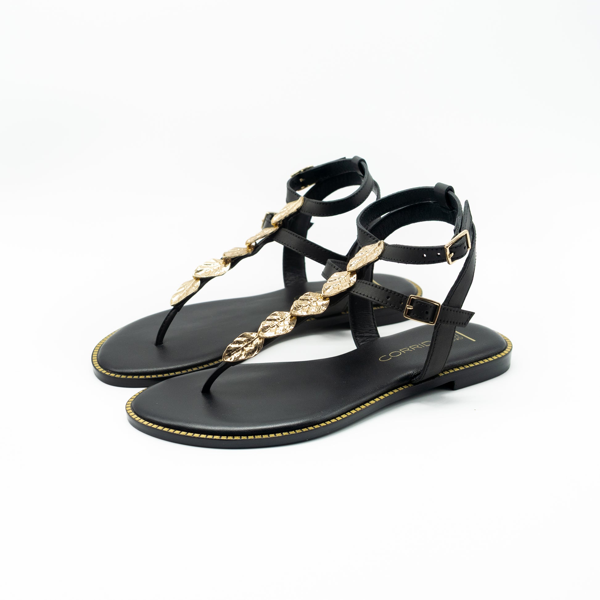 CORRIDONI MILANO - SANDALO BLACK INFRADITO FOGLIE GOLD
