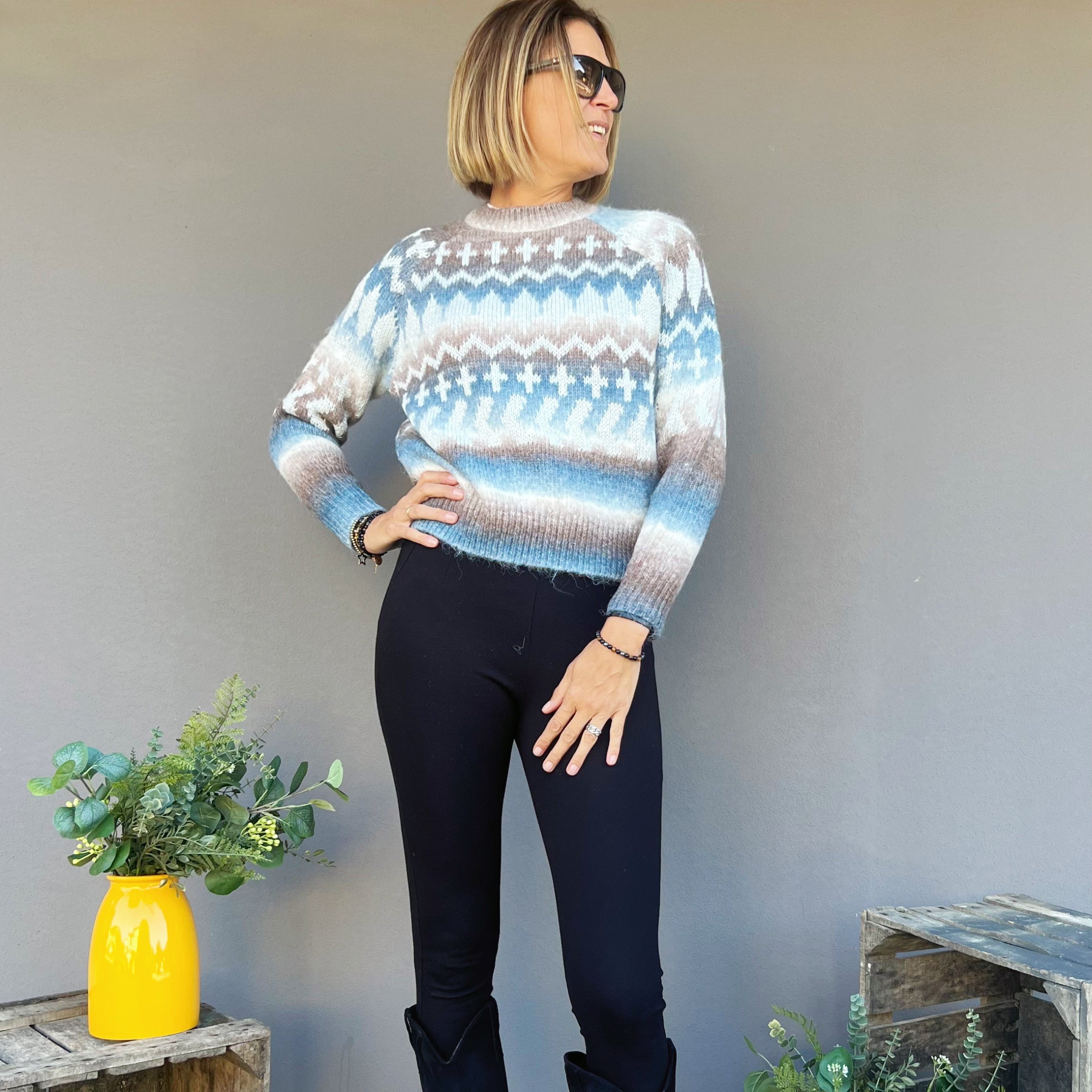 GOA GOA - MAGLIONE GIROCOLLO JACQUARD BLUE AND BROWN