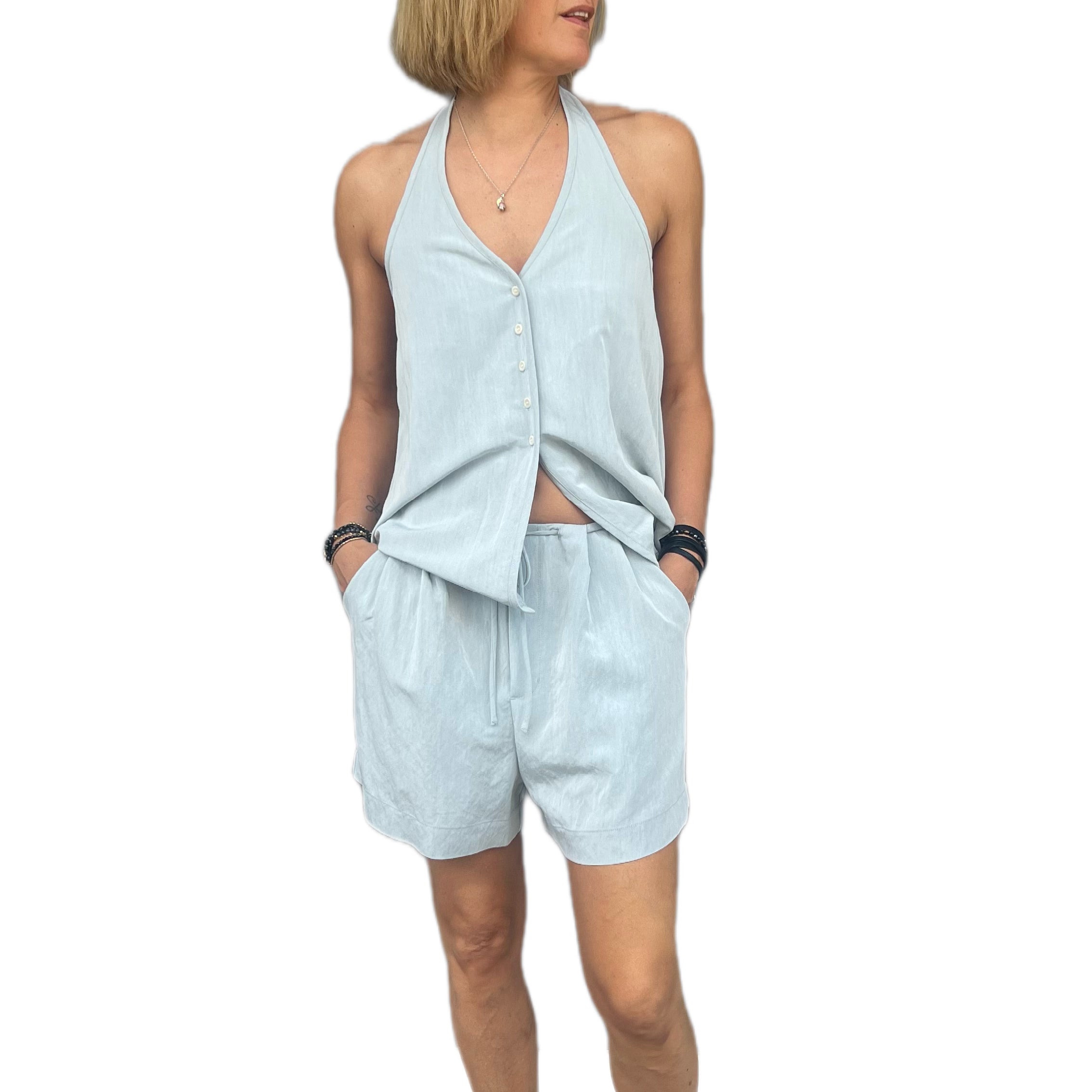 ELEH - COMPLETO GILET PANTALONE CORTO  CELESTE