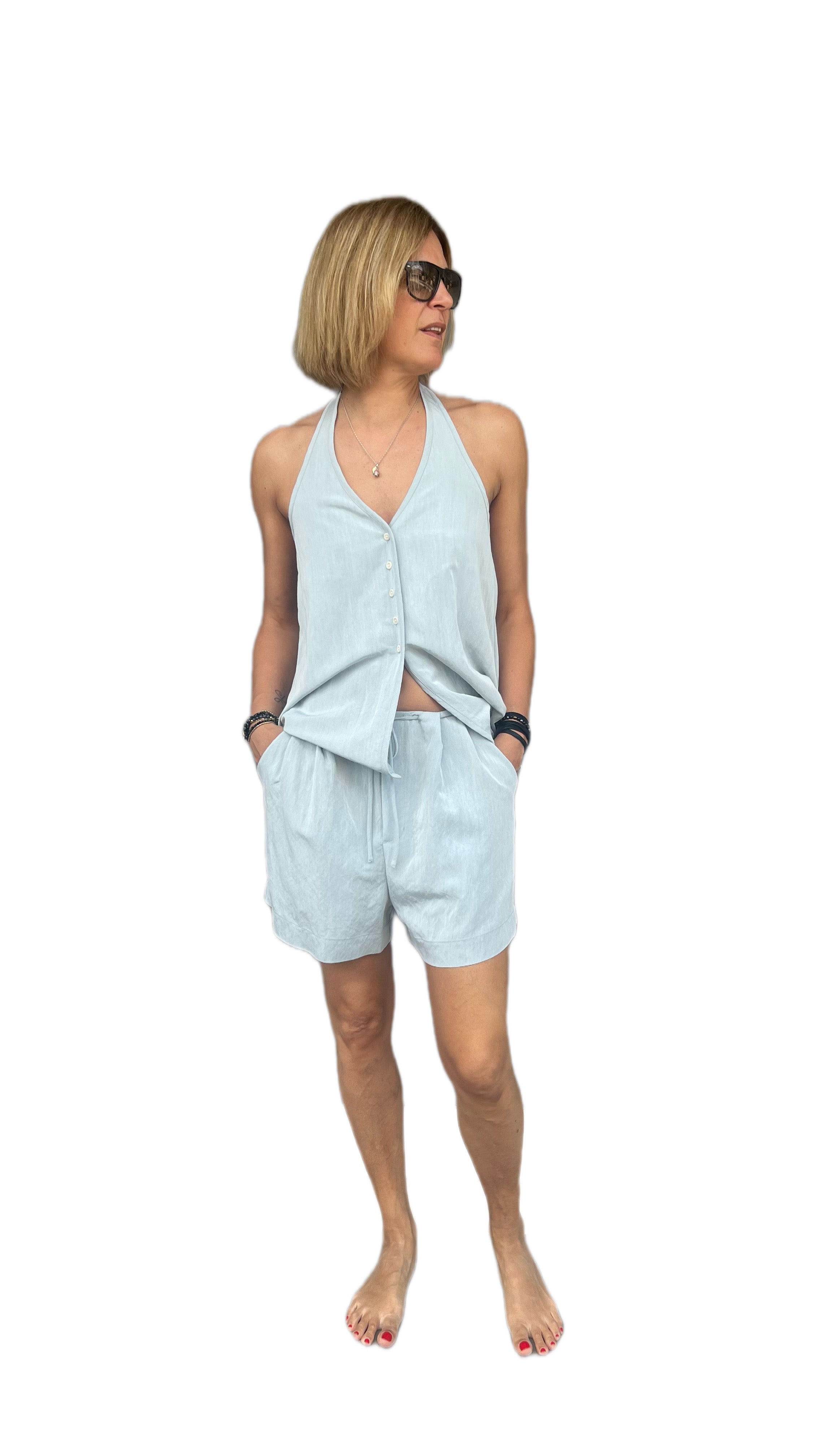 ELEH - COMPLETO GILET PANTALONE CORTO  CELESTE