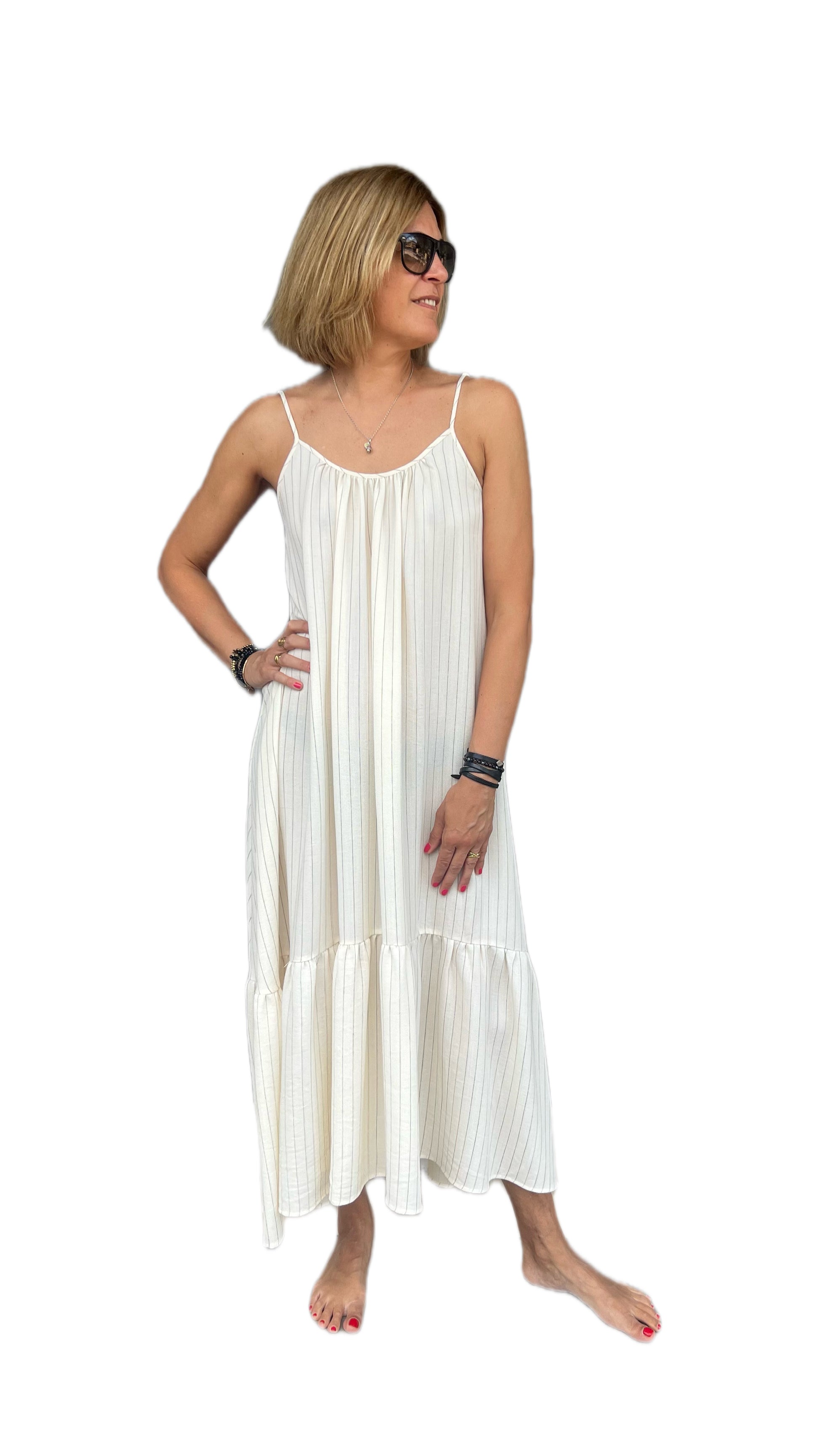 ELEH - VESTITO LUNGO RIGHE GESSATO PANNA